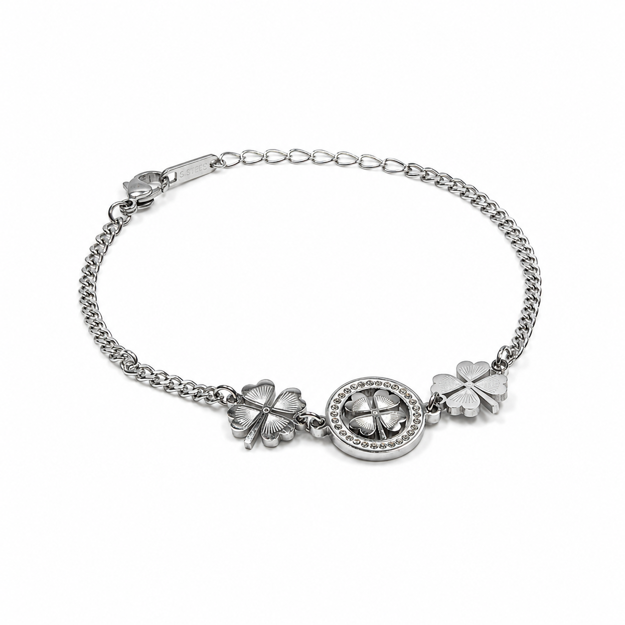 PN013 – Silver Clover Medallion & Charm Curb Chain Narukvica