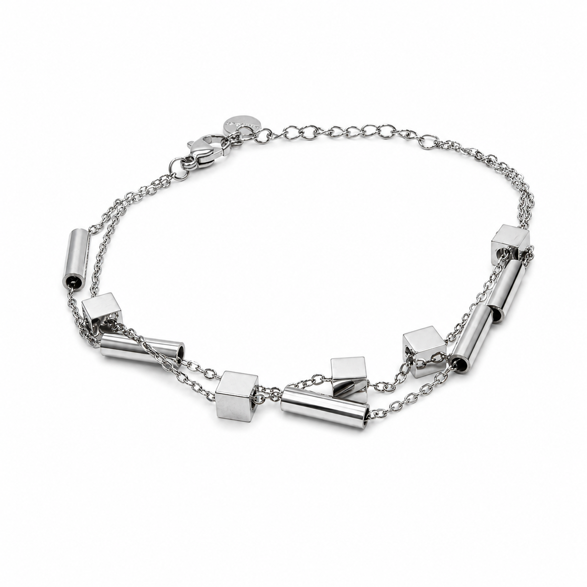 PN008 – Silver Double Cable Chain Cube & Tube Station Narukvica