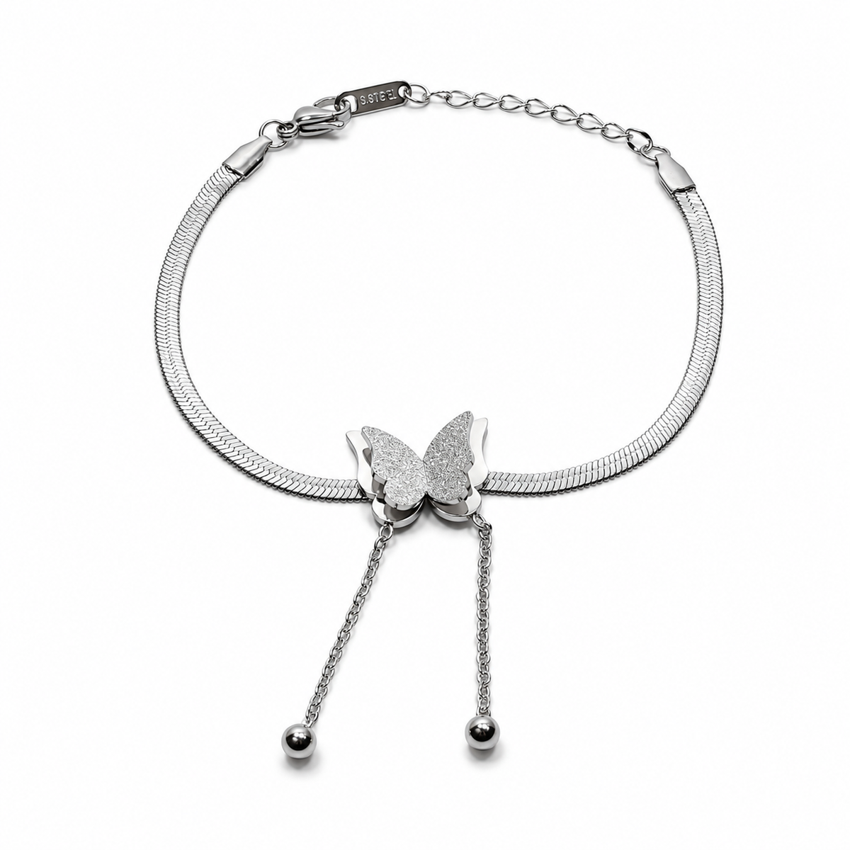PN011 – Silver Herringbone Glitter Butterfly Tassel Chain Narukvica