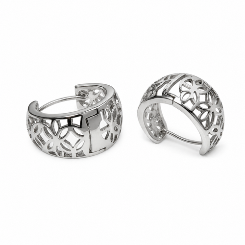 PM021 Silver Botanical Filigree Huggie Minđuše od hirurškog čelika sa cvetnim uzorkom