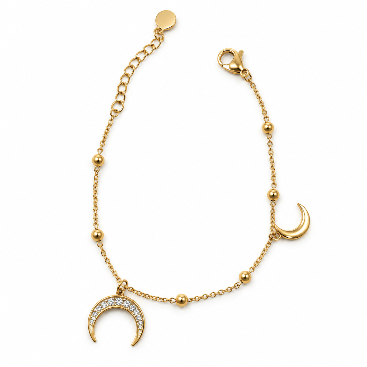 PN019G - Gold Moon & CZ Pavé Crescent Satellite Chain Narukvica od hirurškog čelika, zlatna narukvica sa dva polumeseca, šest metalnih kuglica i produžnim lančićem na beloj pozadini