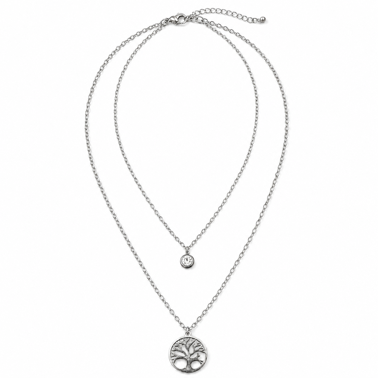 PO008 – Silver Double Layer Tree of Life & CZ Solitaire Cable Ogrlica