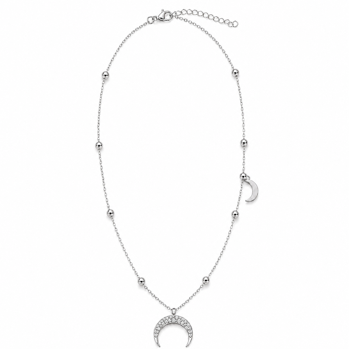 PO012 – Silver CZ Crescent Moon Satellite Chain Ogrlica