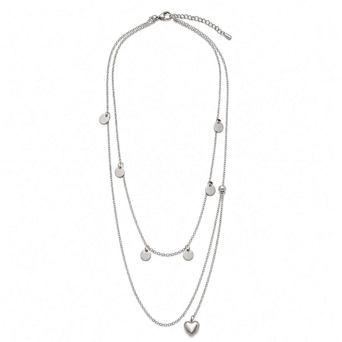 PO014 – Silver Layered Multi Disc & Heart Charm Cable Ogrlica