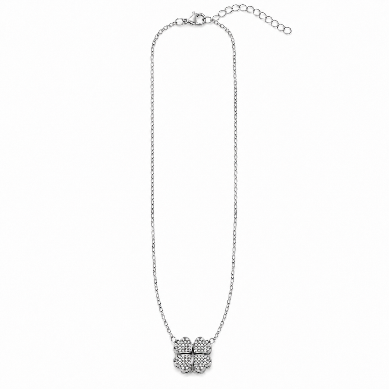 PO015 – Silver Full Pavé Lucky Clover Pendant Cable Ogrlica