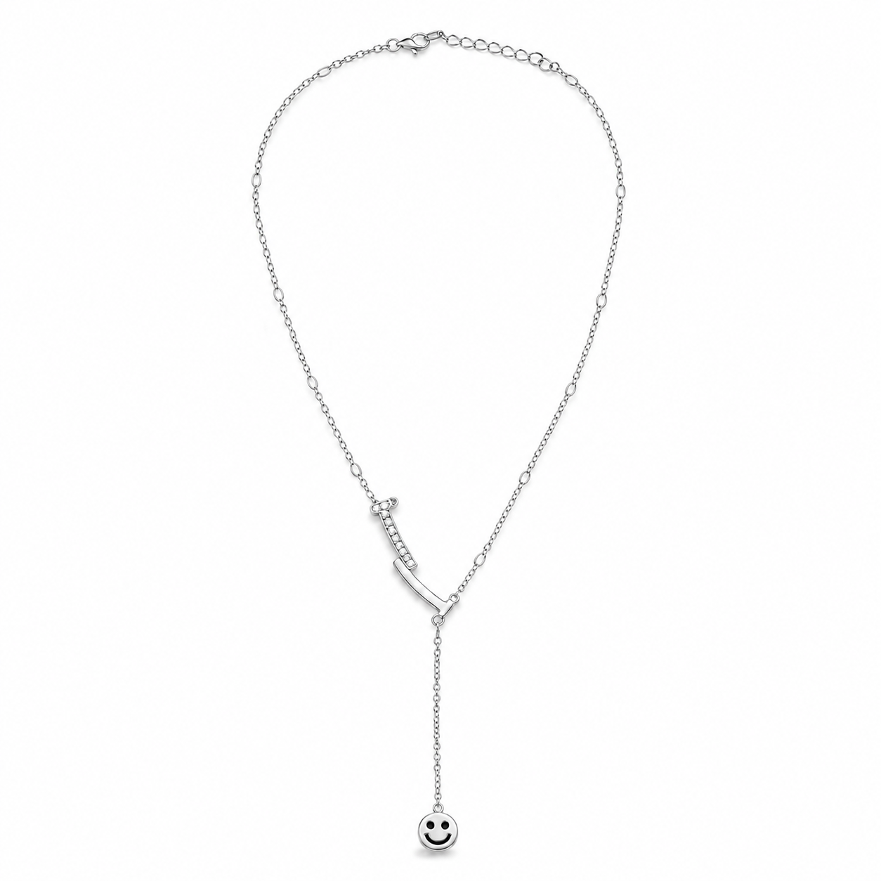 PO017 – Silver CZ Bar Lariat Smiley Face Oval Chain Ogrlica