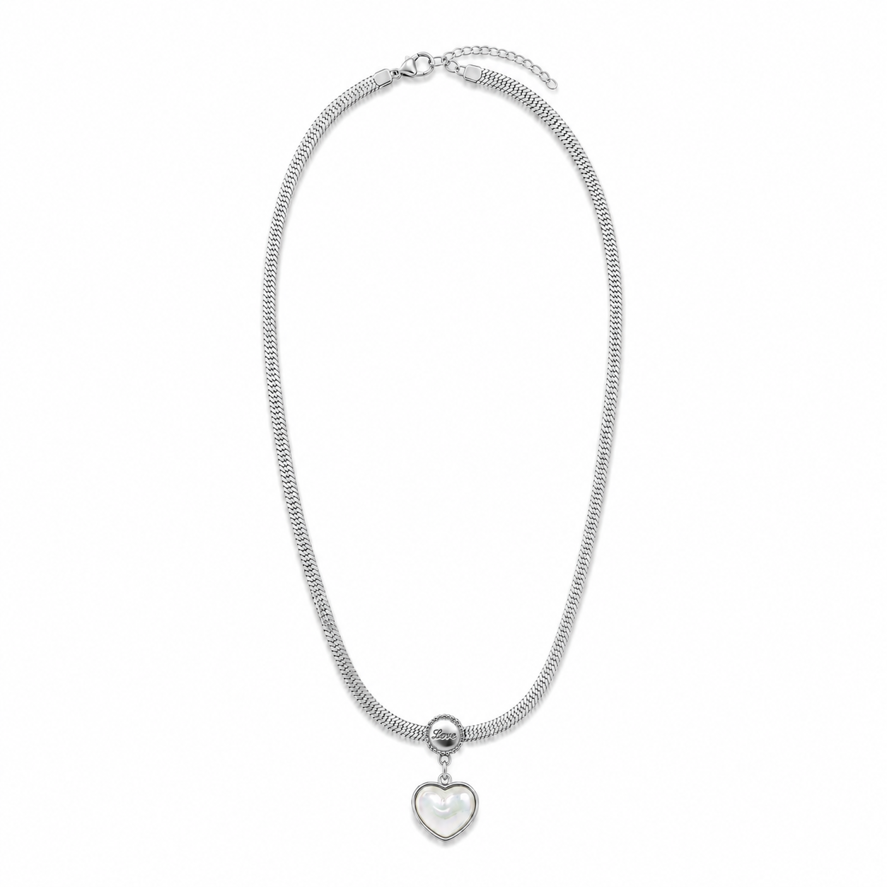 PO022 – Silver Sedef Heart Love Charm Mesh Ogrlica