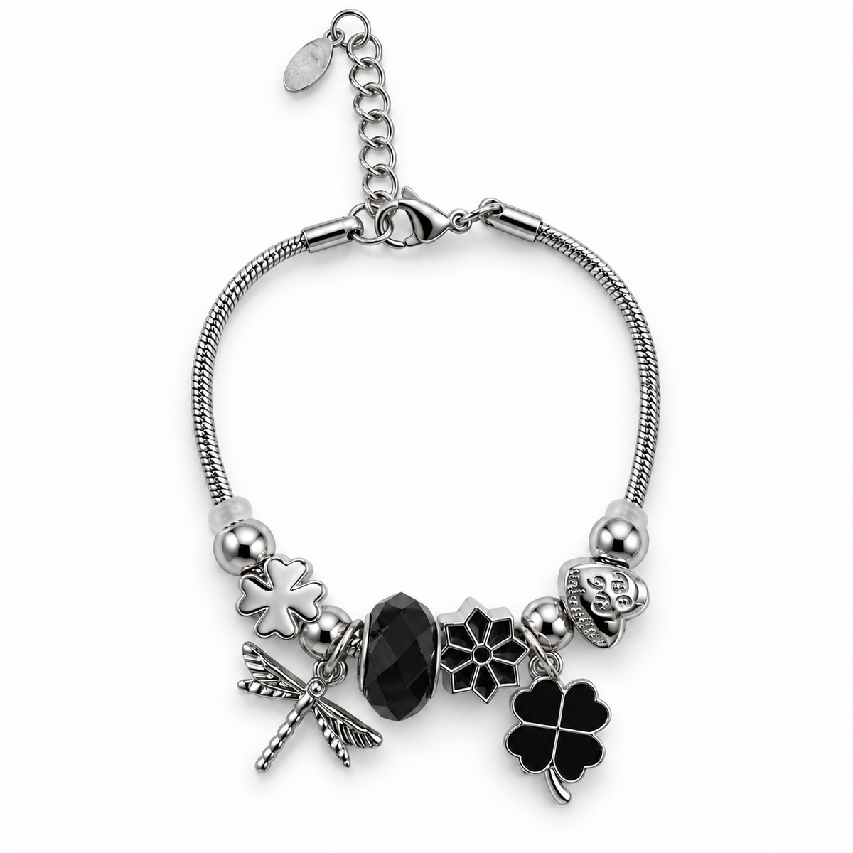 PN030 – Silver Black Clover Dragonfly Charm Narukvica od hirurškog čelika