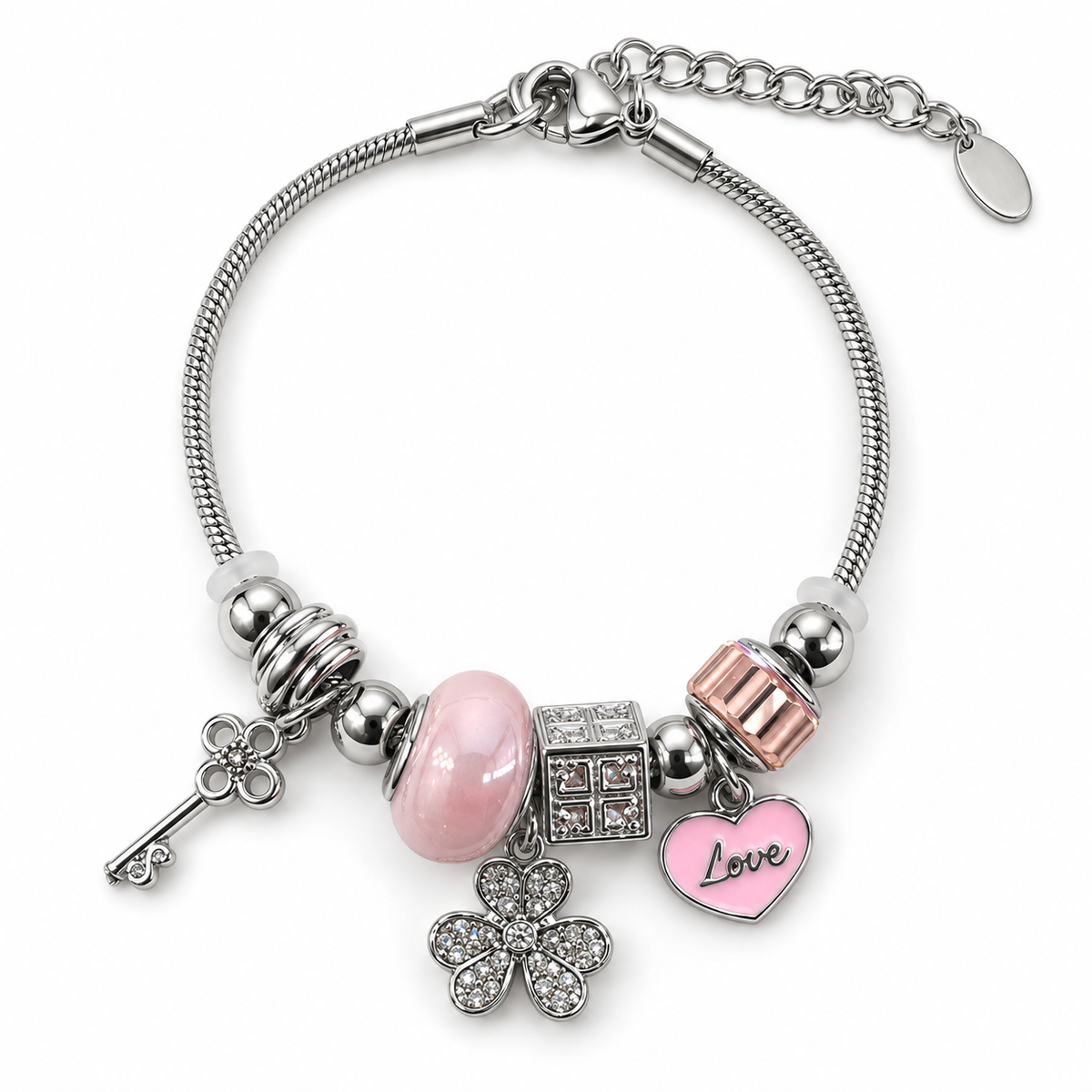 PM031 - Silver Pink Love Flower Key Charm Narukvica od hirurškog čelika