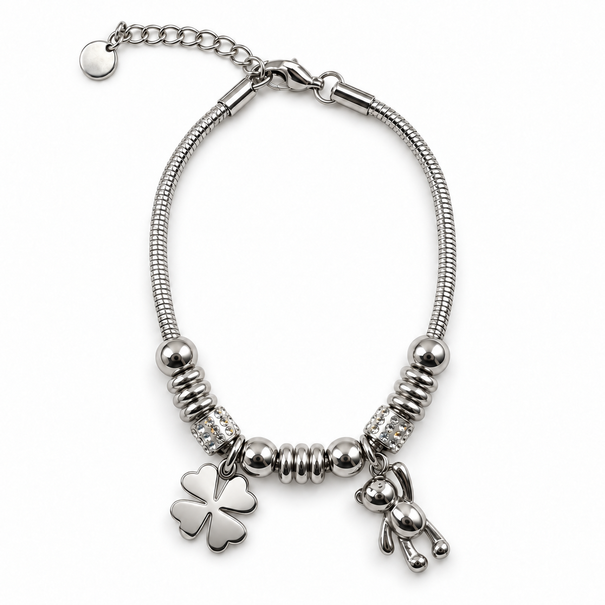 PN032 - Silver Clover Teddy Bear Charm Narukvica od hirurškog čelika