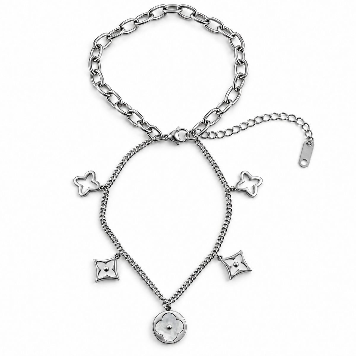 PN033 - Silver Double Chain Floral Clover Charm Narukvica od hirurškog čelika