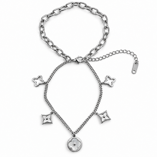 PN033 - Silver Double Chain Floral Clover Charm Narukvica od hirurškog čelika