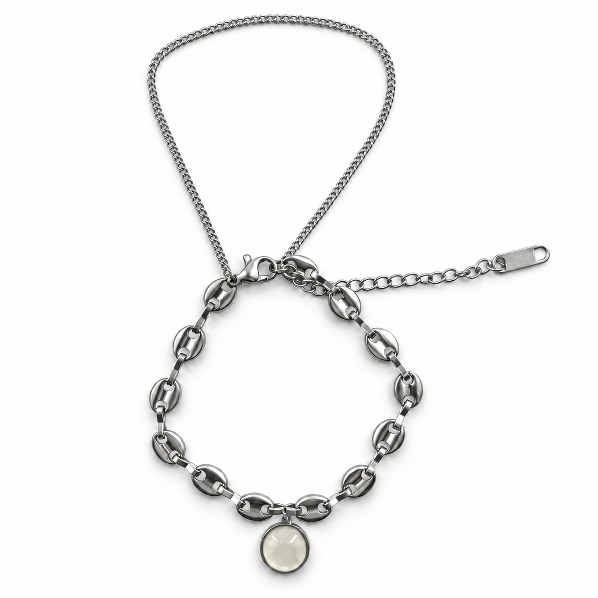 PN034 - Silver Double Chain White Round Charm Narukvica od hirurškog čelika