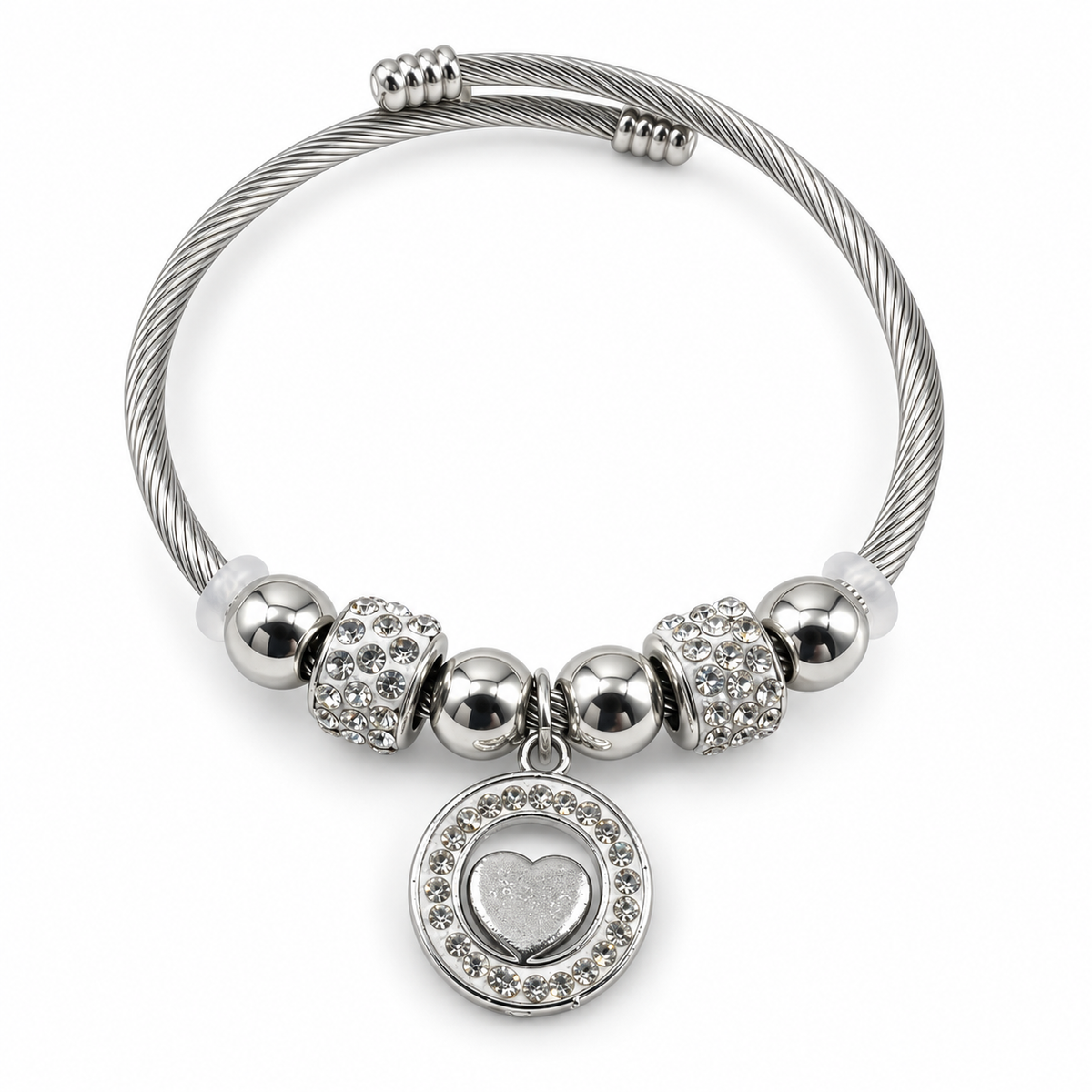 PNC035 - Silver Cable Heart Halo Charm Bangle Narukvica od hirurškog čelika