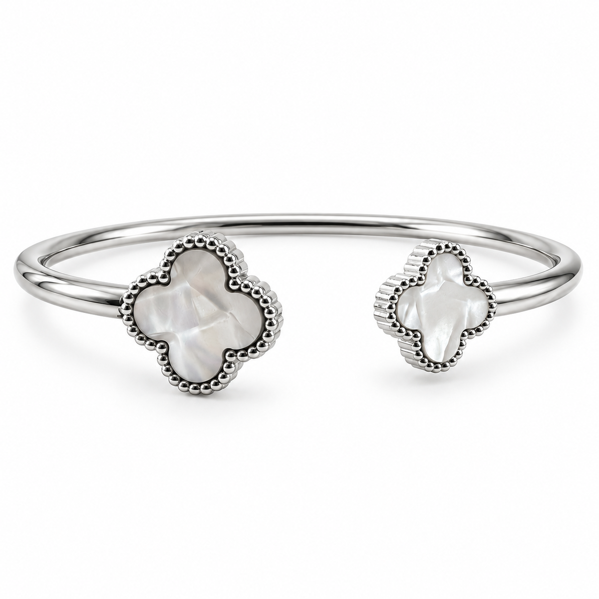PNC038 - Silver White Clover Beaded Edge Open Bangle Narukvica od hirurškog čelika