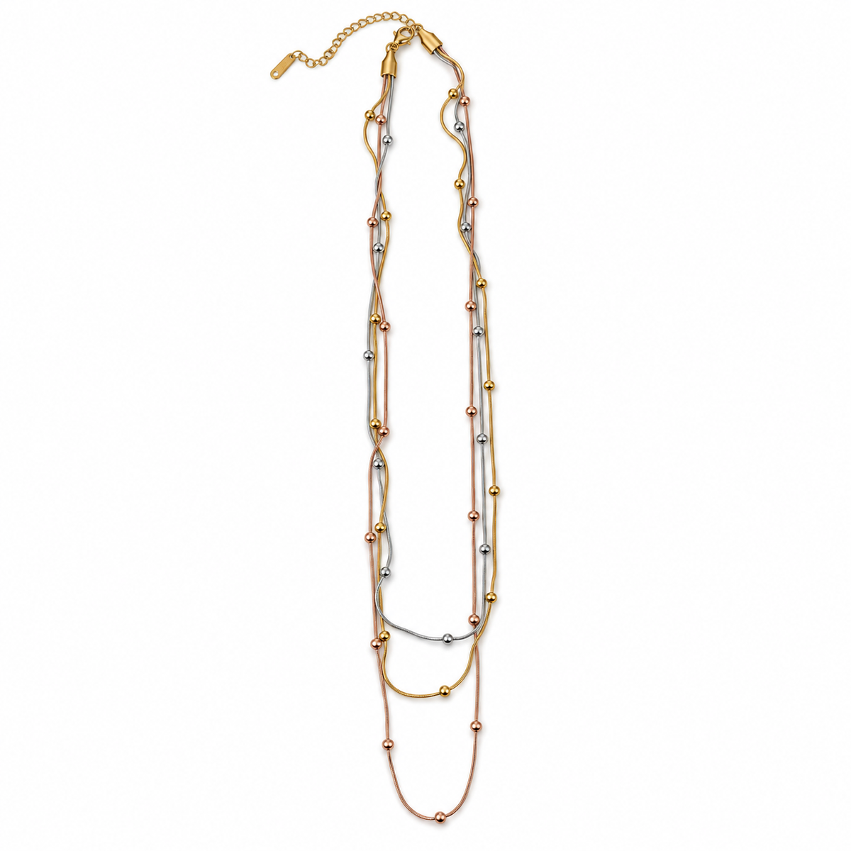 PO016G - Gold Tri-Color Layered Beaded Ogrlica od hirurškog čelika