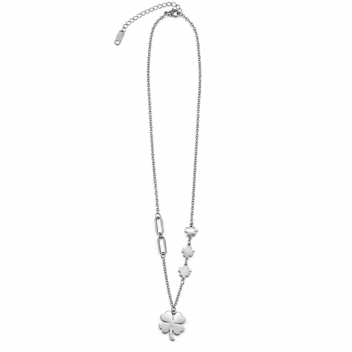 PO046 - Silver Four-Leaf Clover Asymmetric Chain Ogrlica od hirurškog čelika