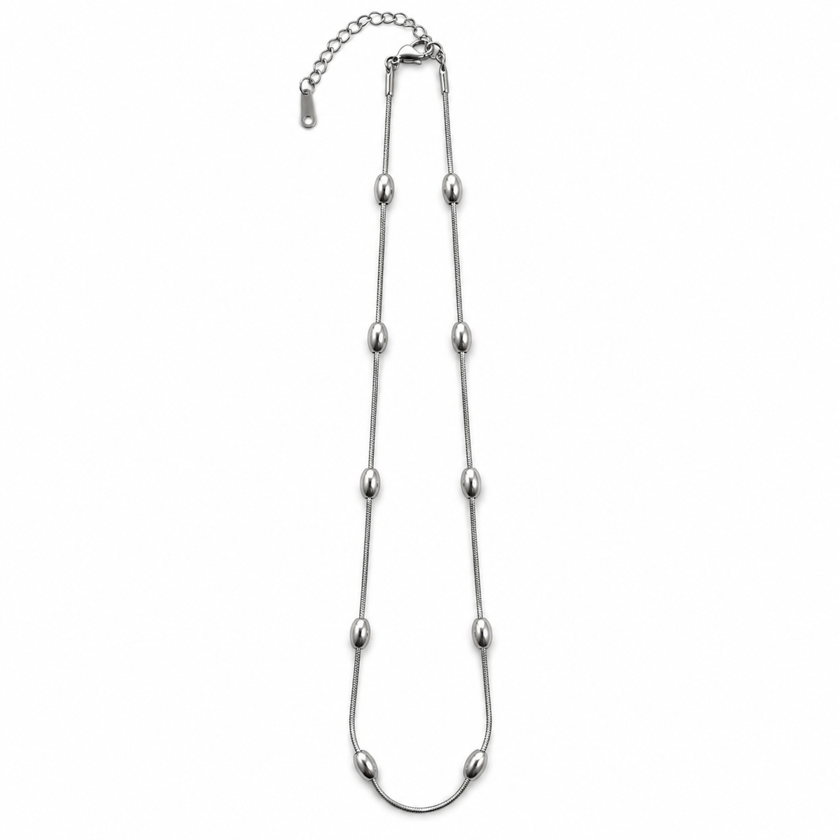 PO058 - Silver Oval Bead Station Chain Ogrlica od hirurškog čelika