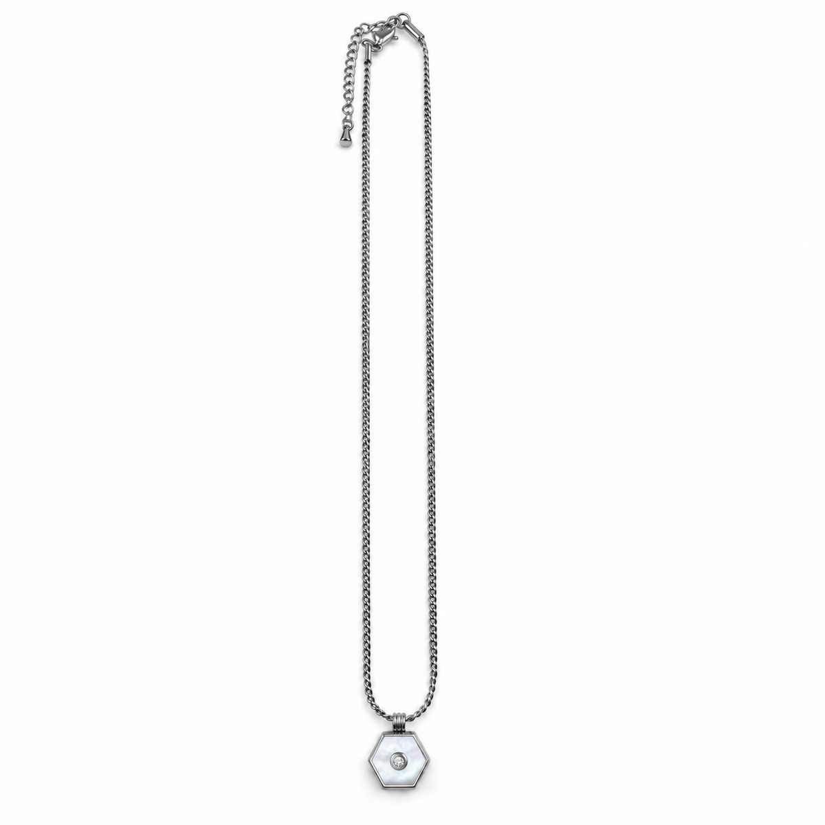 PO053 - Silver Hexagon White Center Pendant Ogrlica od hirurškog čelika