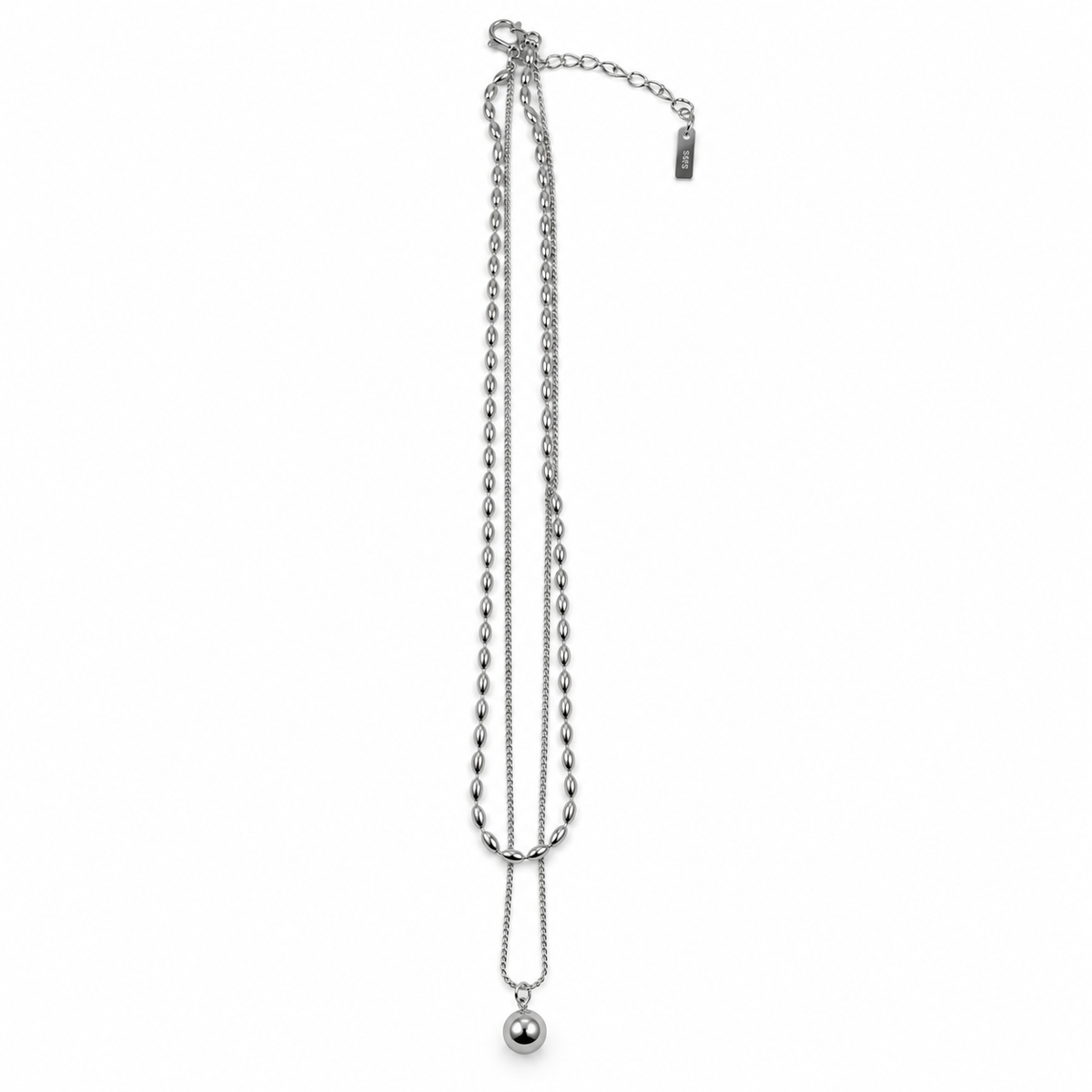 PO049 - Silver Layered Oval Bead Ball Pendant Ogrlica od hirurškog čelika
