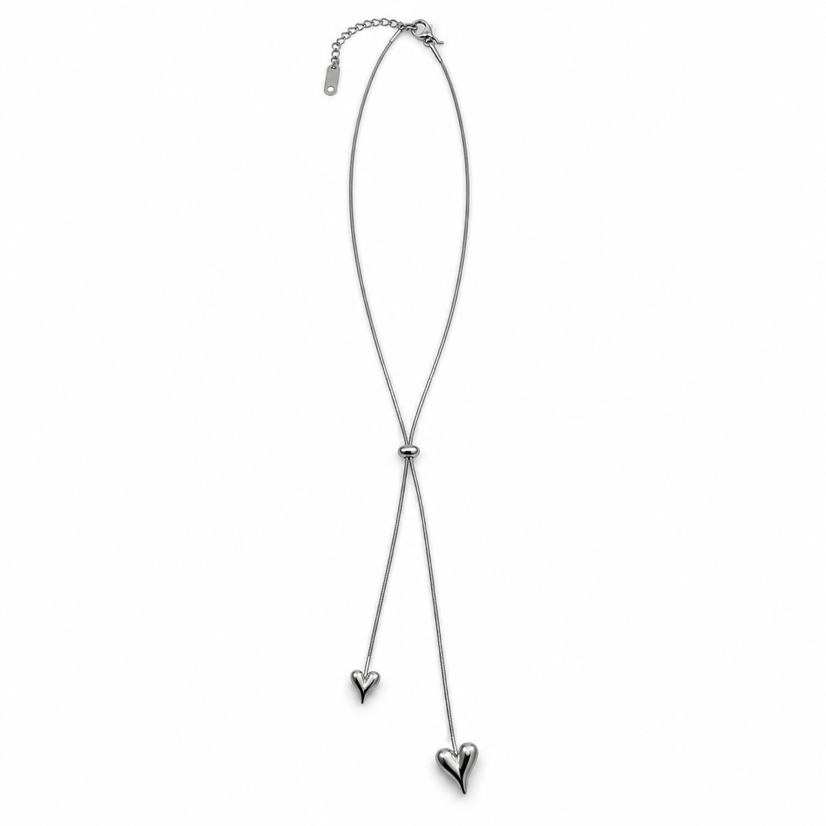 PO050 - Silver Double Heart Slider Lariat Ogrlica od hirurškog čelika
