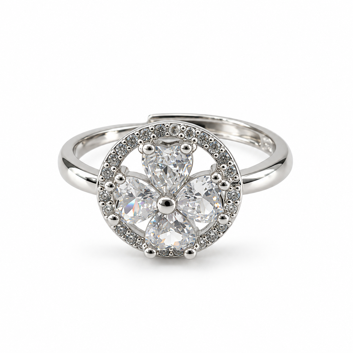 PP050 - Silver Four Pear CZ Flower Pavé Halo Prsten od hirurškog čelika sa pear-cut CZ kamenovima