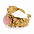 PP036G - Gold Pink Oval Stone Feather Cuff Prsten od hirurškog čelika