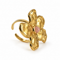 PP040G - Gold Organic Five Petal Pink Cabochon Prsten od hirurškog čelika