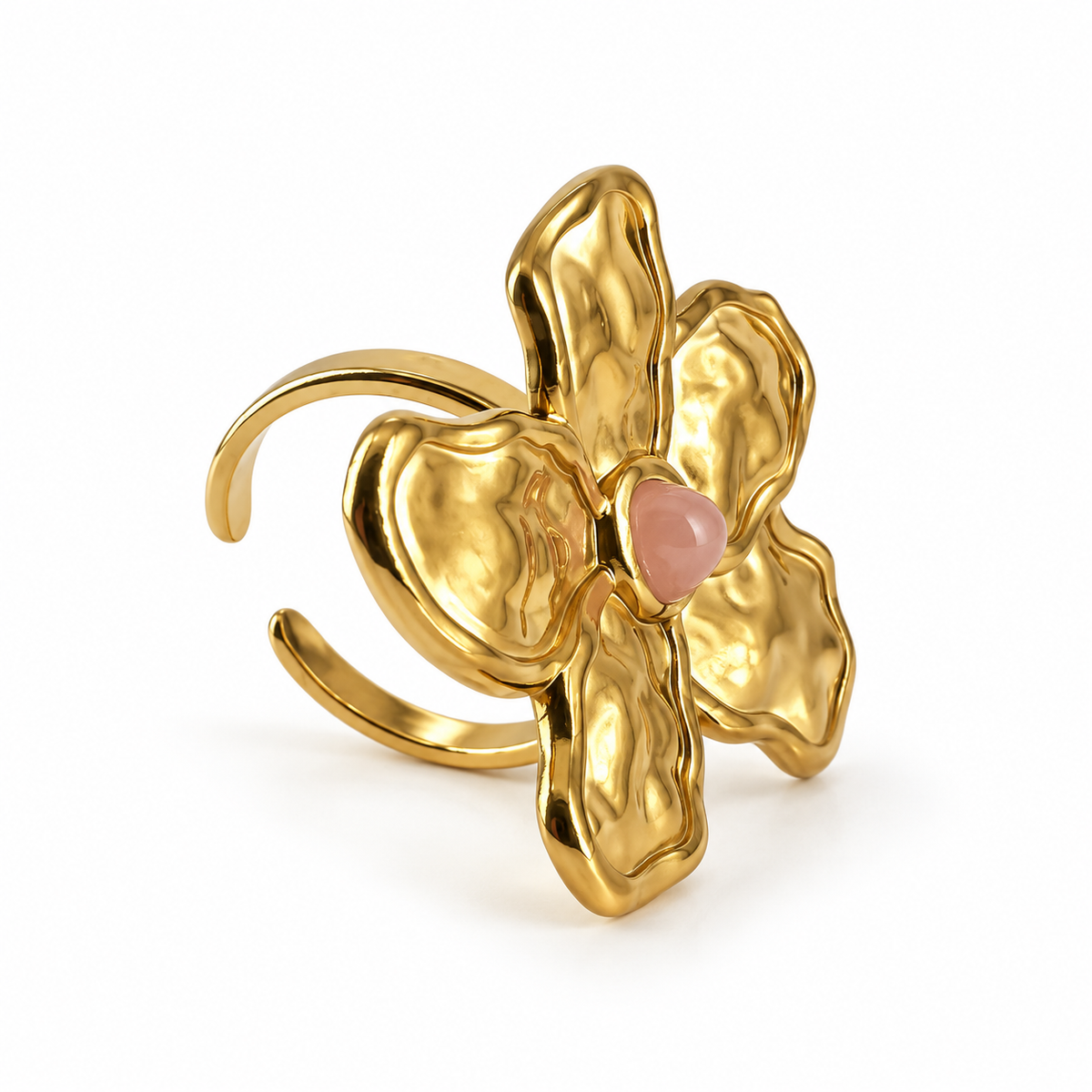 PP040G - Gold Organic Five Petal Pink Cabochon Prsten od hirurškog čelika