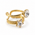 PP041G - Gold Round & Star Crystal Double Band Open Prsten od hirurškog čelika