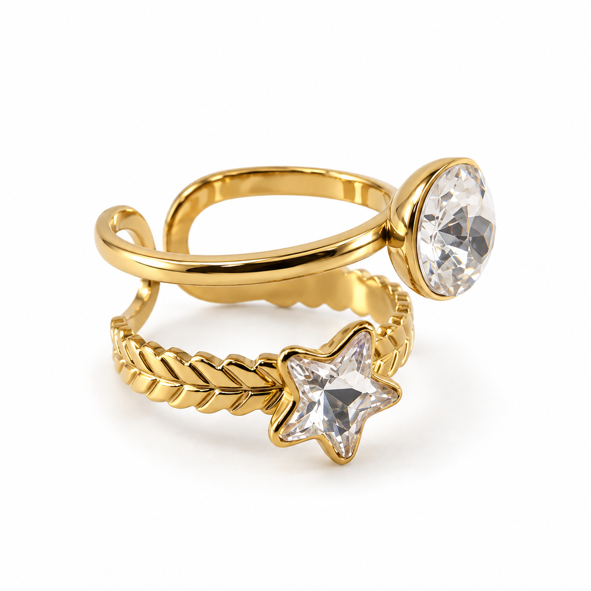 PP041G - Gold Round & Star Crystal Double Band Open Prsten od hirurškog čelika