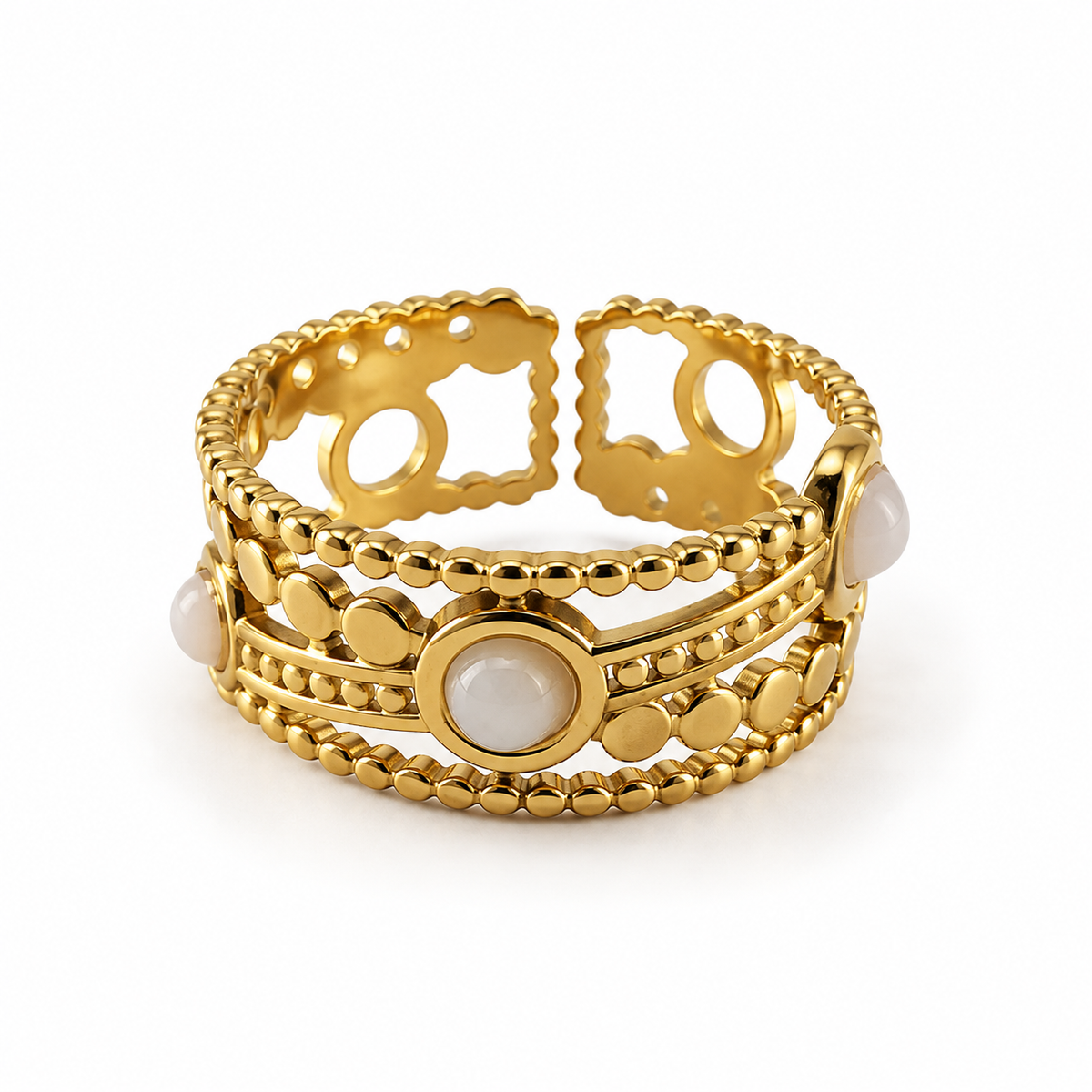 PP042G - Gold Triple White Cabochon Beaded Cuff Prsten od hirurškog čelika sa tri bela cabochon detalja