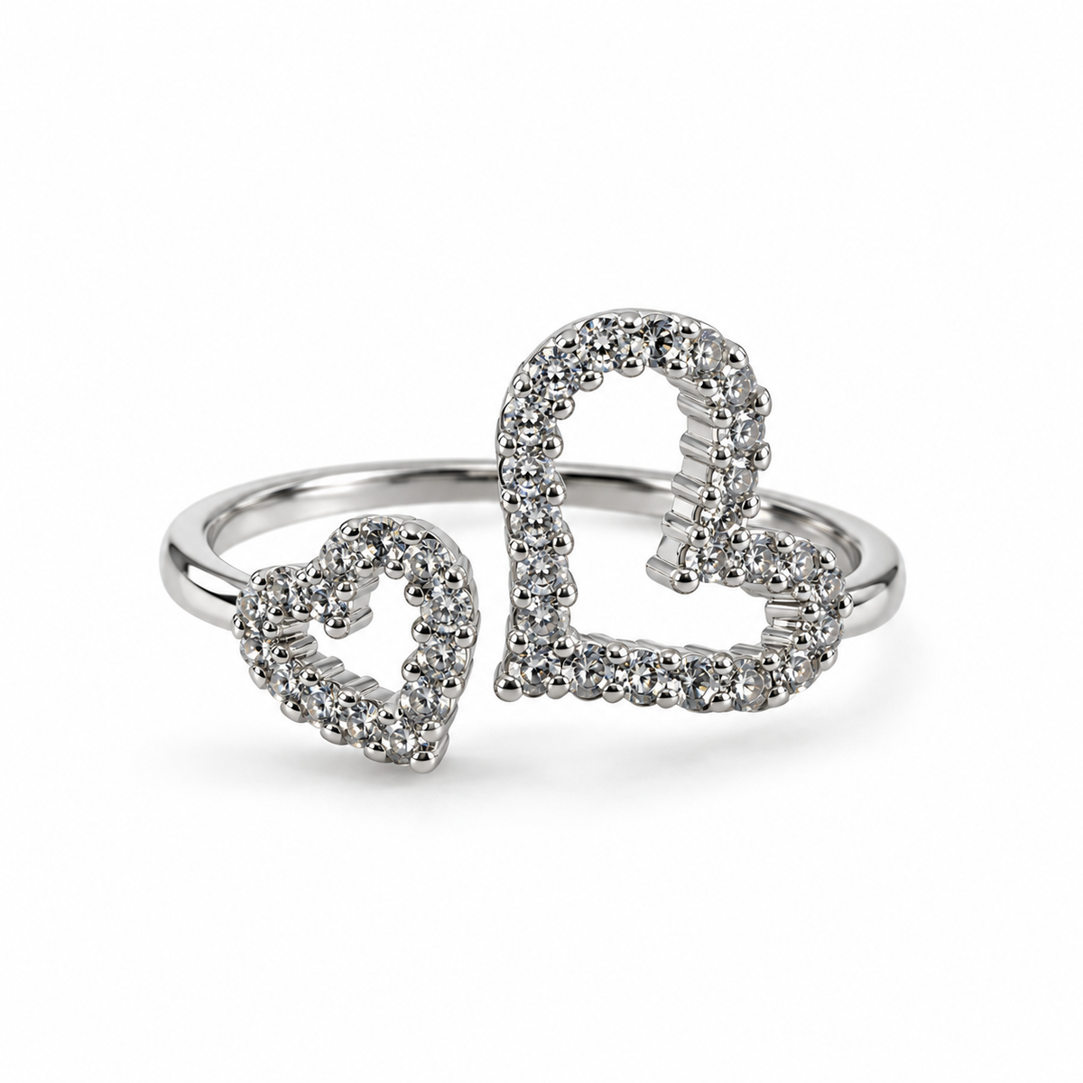 PP051 - Silver Twin Pavé Open Heart Prsten od hirurškog čelika sa CZ kamenčićima
