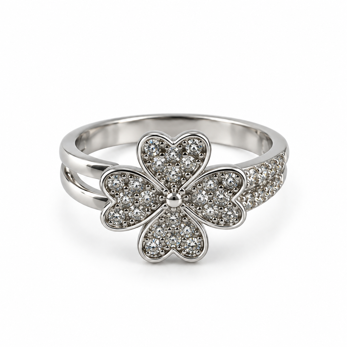 PP052 - Silver Pavé Heart Petal Flower Split Band Prsten od hirurškog čelika