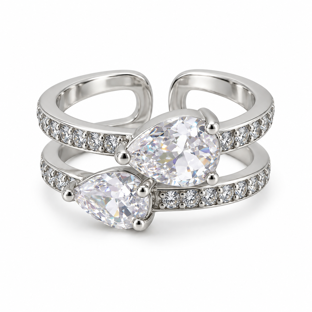 PP053 - Silver Twin Pear CZ Double Pavé Cuff Prsten od hirurškog čelika sa dva pear-cut CZ kamena