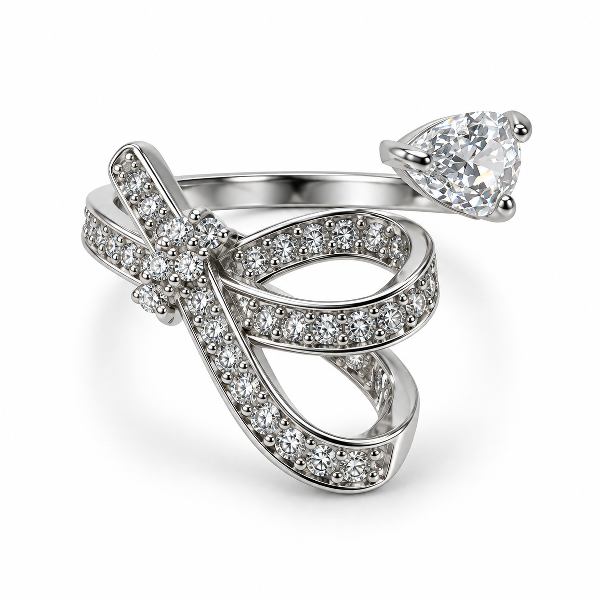 PP056 - Silver Pear CZ & Pavé Bow Open Prsten od hirurškog čelika sa pear-cut CZ kamenom