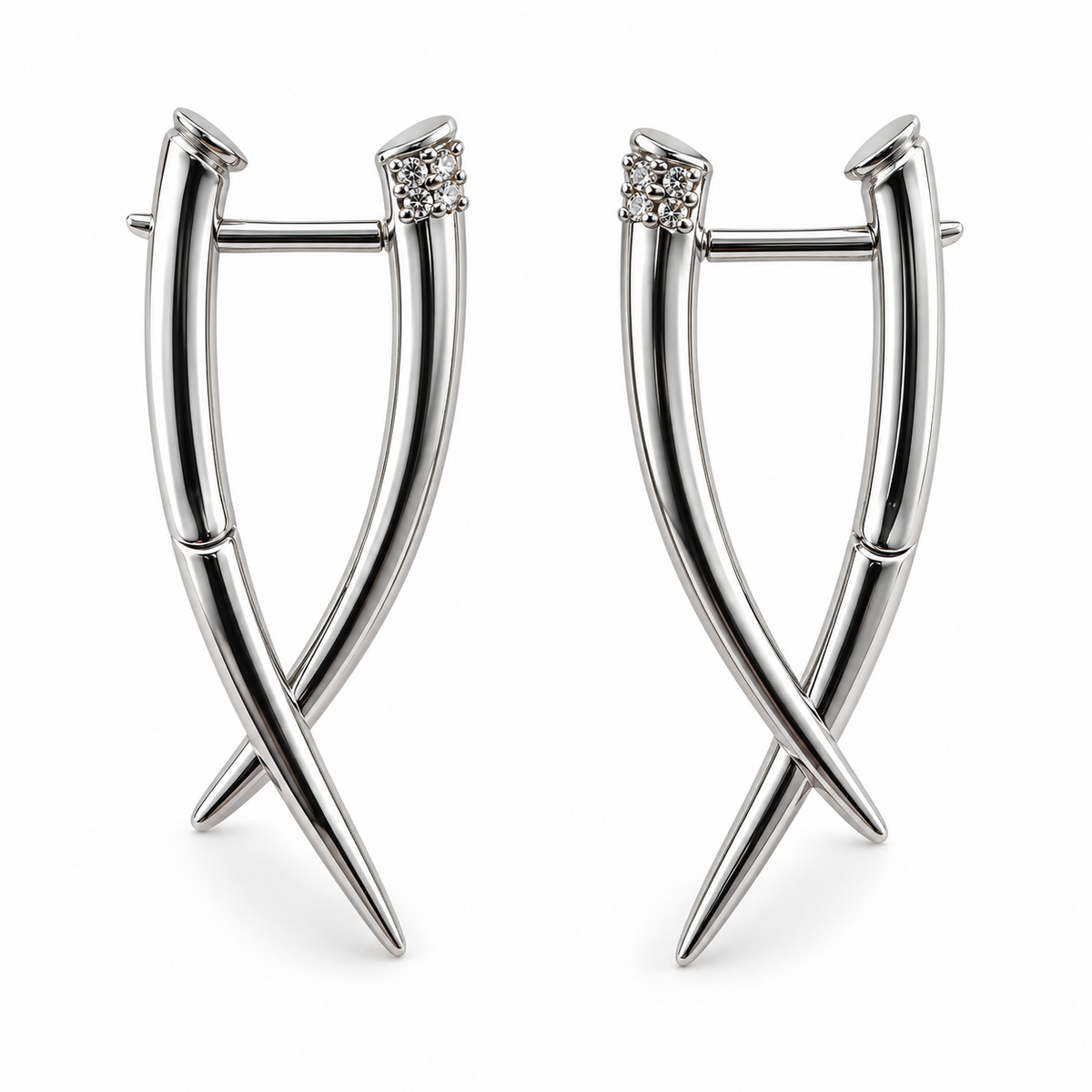 PM163 - Silver Crossed Spike Sparkle Huggie Minđuše