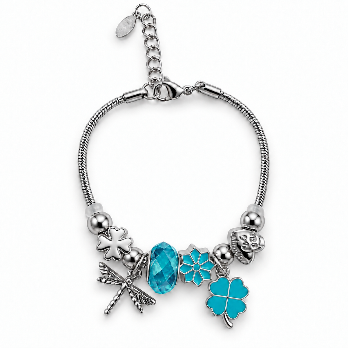 PN045 - Silver Turquoise Clover Dragonfly Charm Snake Chain Narukvica od hirurškog čelika