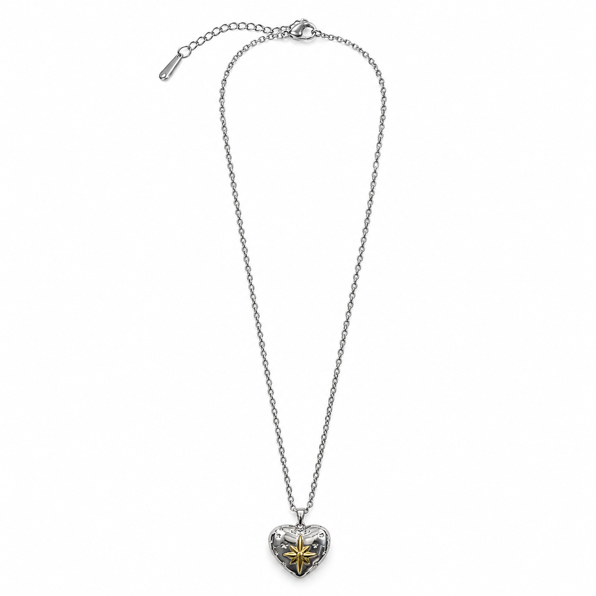 PO061 - Silver Gold Starburst Heart Locket Ogrlica od hirurškog čelika