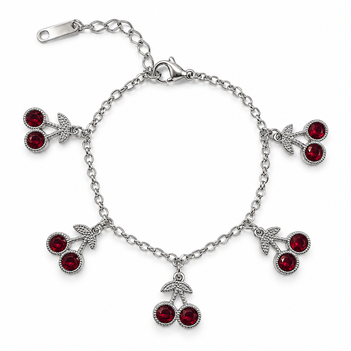 PN039 - Silver Red CZ Five Cherry Charm Narukvica od hirurškog čelika