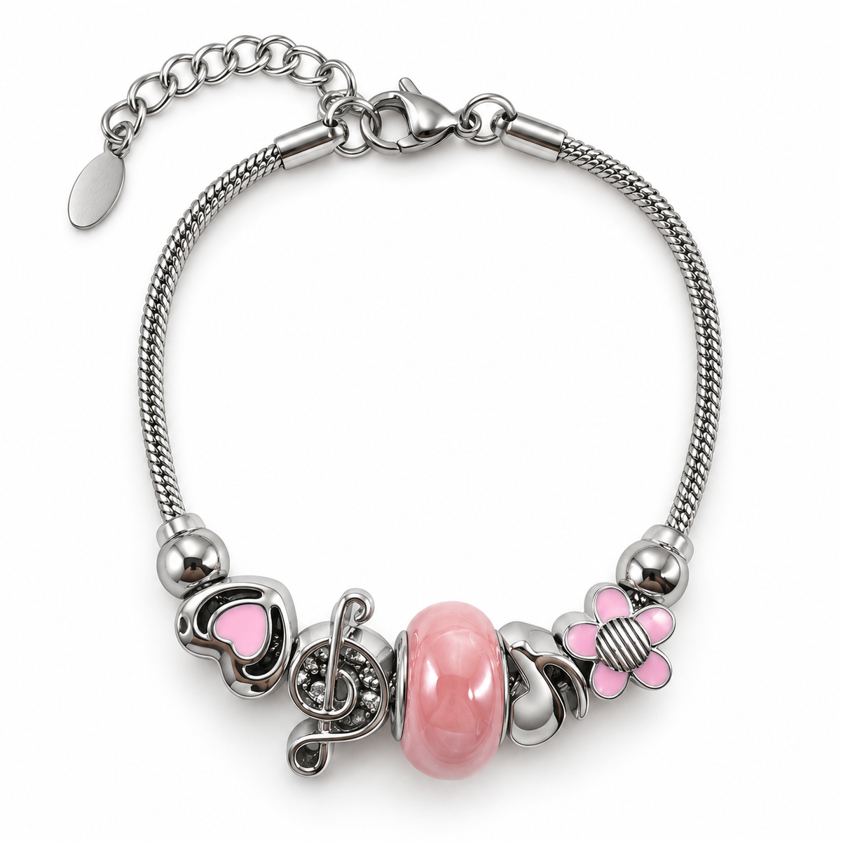 PN040 - Silver Pink Flower Heart Music Charm Snake Chain Narukvica od hirurškog čelika