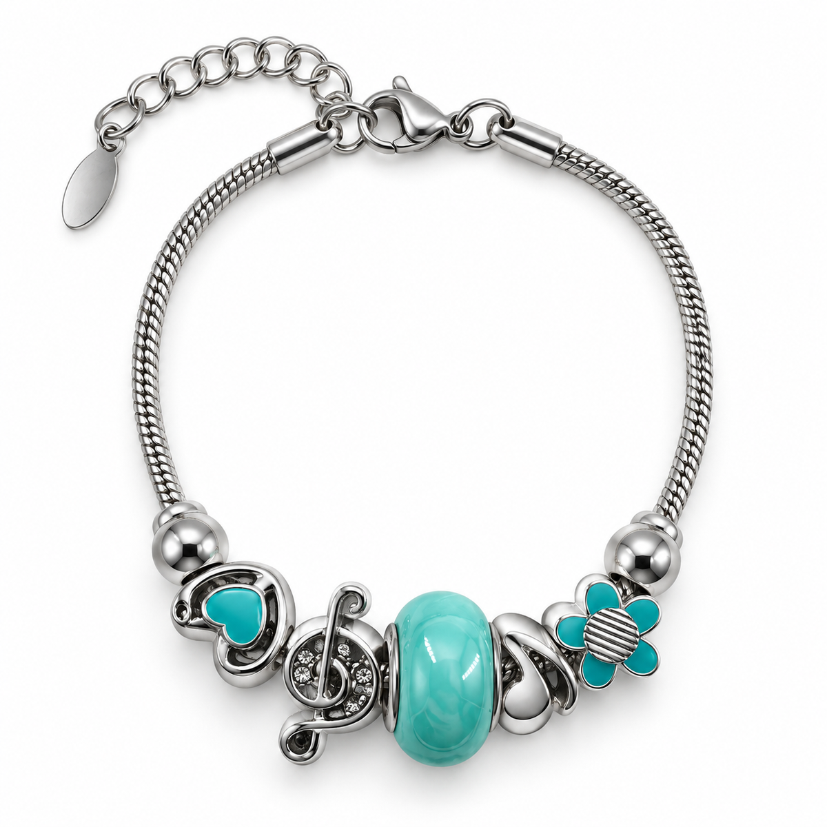 PN041 - Silver Turquoise Flower Heart Music Charm Snake Chain Narukvica od hirurškog čelika