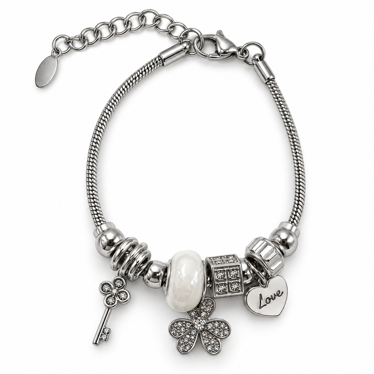 PN042 - Silver White Bead Key Flower Love Charm Snake Chain Narukvica od hirurškog čelika