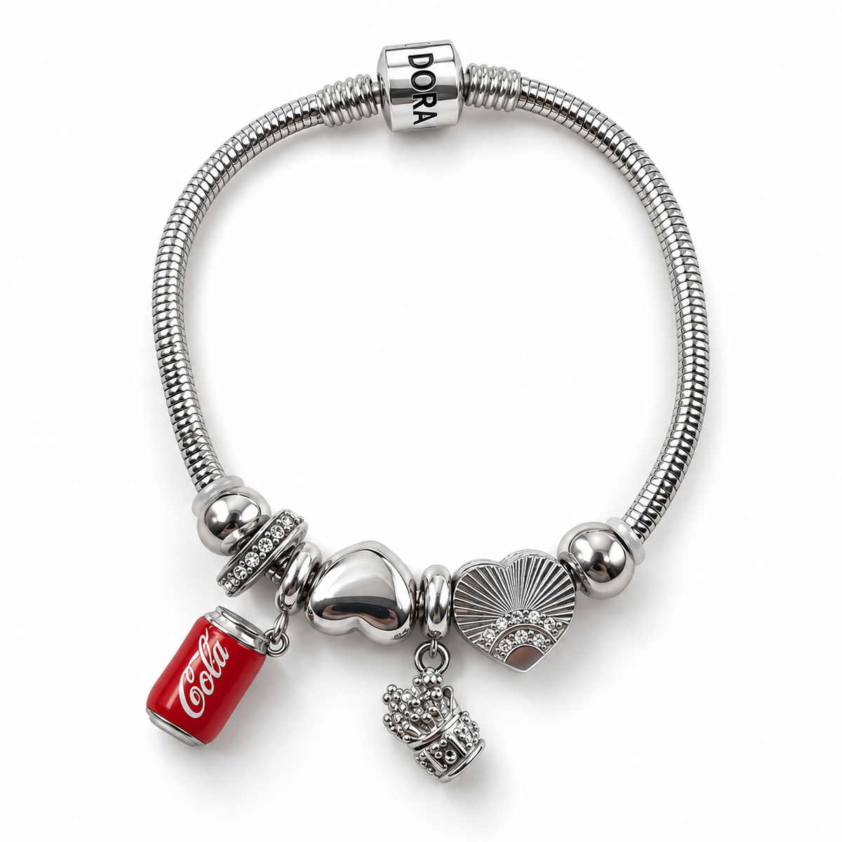 PN043 - Silver Red Soda Can Crown Heart Charm Snake Chain Narukvica od hirurškog čelika