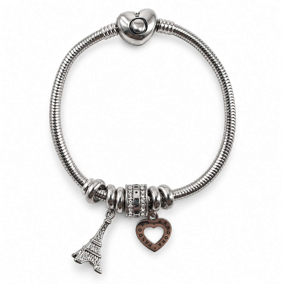 PN044 - Silver Eiffel Tower Heart Charm Snake Chain Narukvica od hirurškog čelika