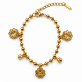 PN014G - Gold Ball Chain 3× Engraved Flower & CZ Bezel Drop Charm Narukvica od hirurškog čelika