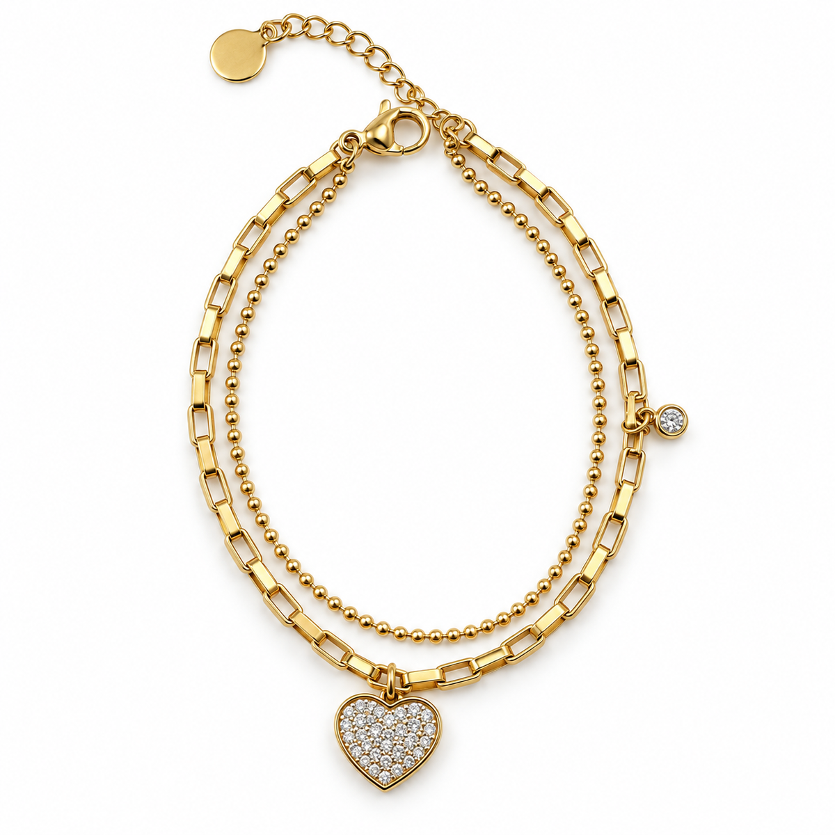 PN015G - Gold Paperclip & Ball Chain Pavé Heart Charm Narukvica od hirurškog čelika