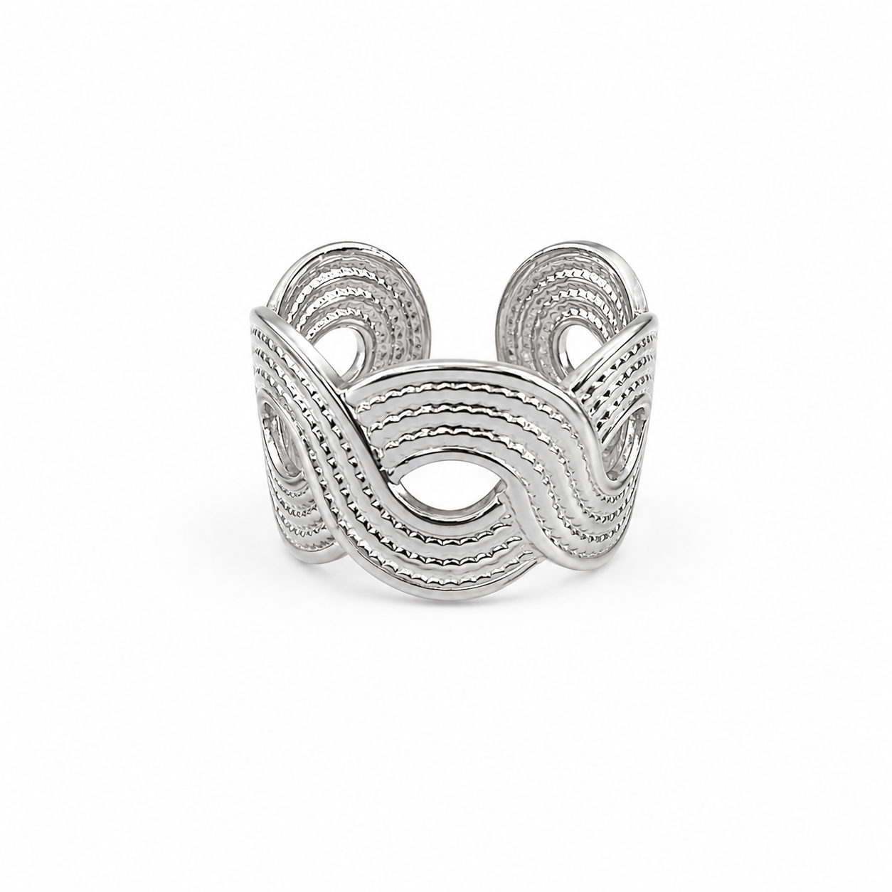 PP034 – Silver Wave Milgrain Interlace Cuff Prsten