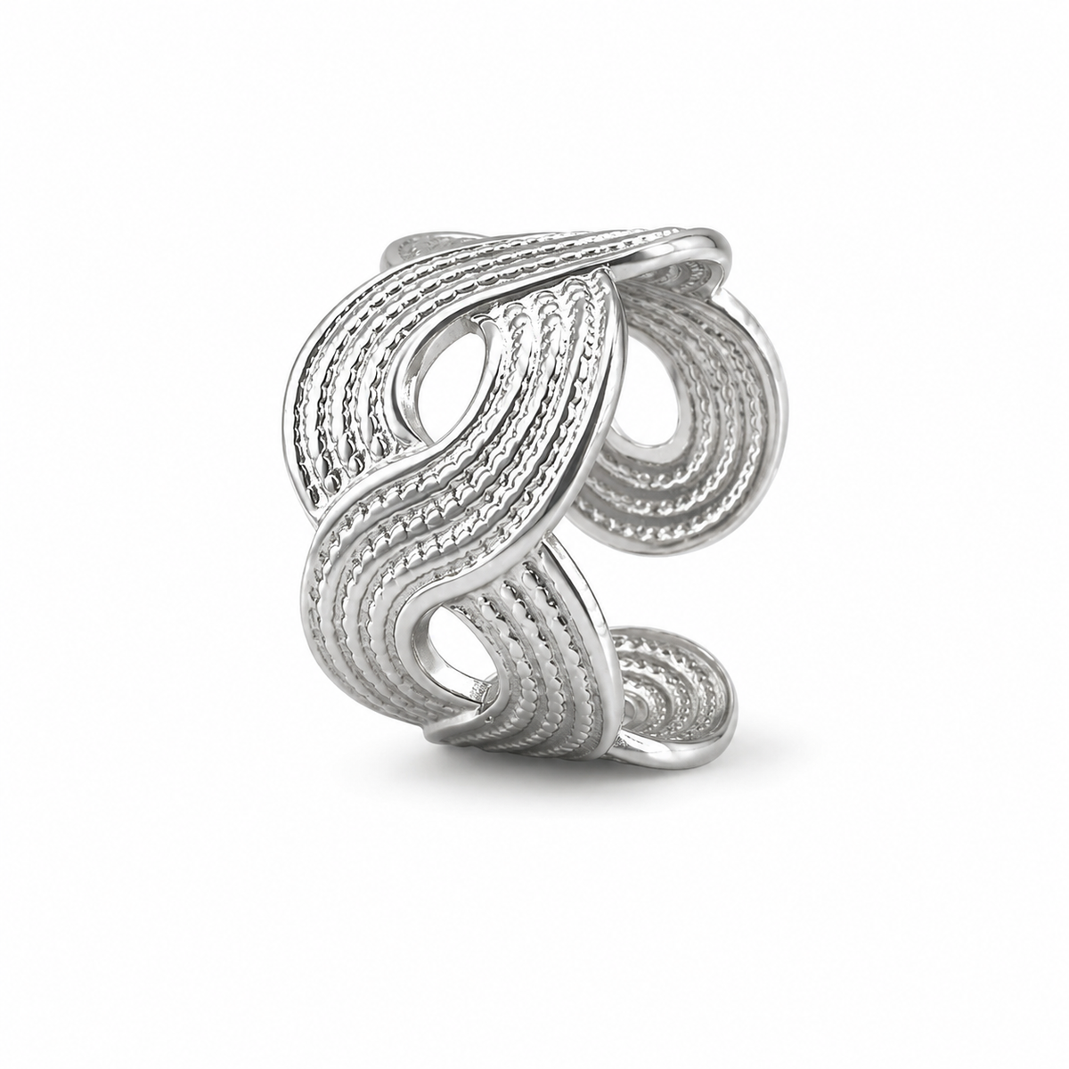 PP034 – Silver Wave Milgrain Interlace Cuff Prsten