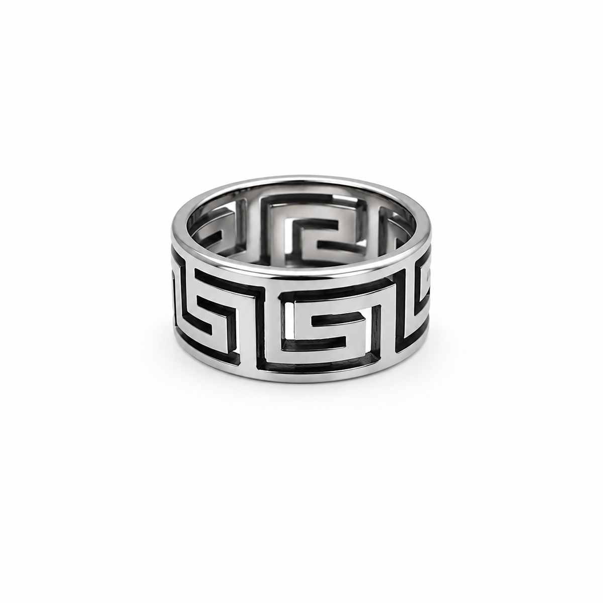 PP035 – Silver Black Greek Key Wide Band Prsten